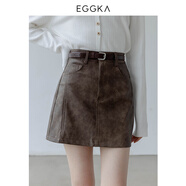 EGGKA秋冬復古時(shí)髦高腰a字皮裙裙子咖色小個(gè)子包臀顯瘦半身短裙 咖色(配腰帶) S