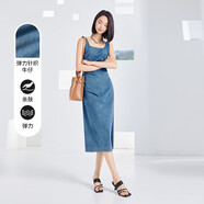 普普風(fēng)2023秋季女裝新品時(shí)尚通勤彈力收腰身褶飾牛仔背心裙OC3L20054B 牛仔藍(lán) S