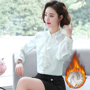 蔚曼襯衫女長(cháng)袖秋裝新款緞面荷葉邊小立領(lǐng)打底衫女襯衣上衣雪紡衫女裝 白色加絨 S