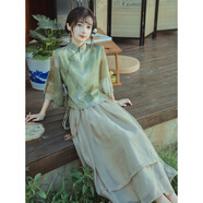 妍莉芬（yanlifen）新中式禪意茶服旗袍套裝女日常改良漢服文藝國風顯瘦溫柔連衣裙夏 禪意茶服旗袍兩件裝 L