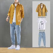 摘星少年衣服男休閑短袖套裝春夏季男士潮流百搭韓版T恤帥氣一套配搭 【三件套】黃+T恤+20牛仔褲 XL 115-140斤 優(yōu)先發(fā)貨