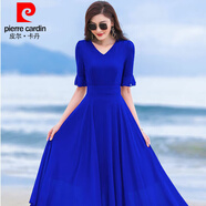 皮爾卡丹（pierre cardin）紅色裙子2024女夏新款小個子長款大擺雪紡連衣裙仙氣質(zhì)沙灘長裙 寶藍色連衣裙%7E五分袖 2XL:建議125-135斤