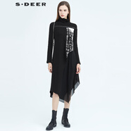 sdeer圣迪奧冬季女裝保暖舒適不規則長(cháng)袖通勤A(yíng)型高領(lǐng)織帶印花網(wǎng)紗毛呢連衣裙S20481208 黑色/91 S/160
