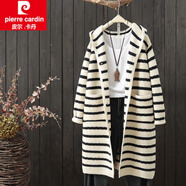 皮爾卡丹（pierre cardin）秋冬2025年新品中長款連帽條紋針織開衫女寬松線衫毛衣外套女大衣 米色 均碼