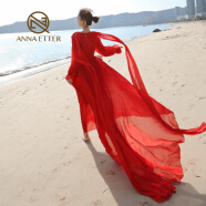 ANNA ETTER轻奢潮牌拖地长裙连衣裙气质超长款飘逸大摆红色沙滩裙女旅游拍照海边度假 红色 XL