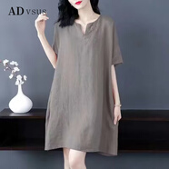 ADVSUS官方品質(zhì)棉麻 女裝夏季新款寬松繡花連衣裙夏裝短袖韓版中長款裙 灰色 L