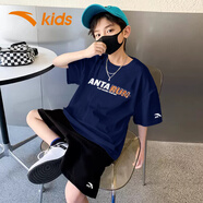 安踏童裝男兒童套裝夏季透氣冰絲速干短袖短褲兩件套中大童運動服 藏藍T+黑褲4 140