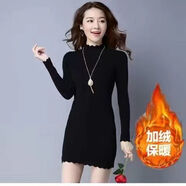 亞貝梵秋冬新款毛衣女中長(cháng)款加絨加厚針織衫打底衫女韓版修身顯瘦包臀潮 黑色 【全身加絨加厚】 S 【建議體重80-95斤】