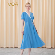 VOA41姆米重磅桑蠶絲撞色V領(lǐng)白鑲邊短袖純色中長(zhǎng)款真絲連衣裙 A028 深藍(lán)（A2） M