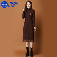NASALIKE加絨加厚2020秋冬季新款連衣裙女過膝配的蕾絲針織毛衣裙 咖啡色 M 建議85-斤