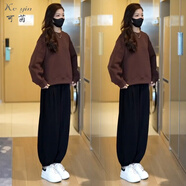 可茵（Keyin）衛衣女運動(dòng)套裝女2025年秋冬新款圓領(lǐng)寬松減齡上衣高腰休閑褲子女 咖色衛衣+褲子 M