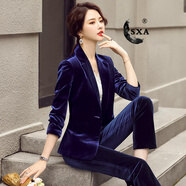 SXA香港潮牌長袖金絲絨小西裝套裝褲女秋冬新款休閑職業(yè)套裝兩件套 藍色西裝 M