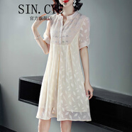 SIN.CYC女裝法式復(fù)古雪紡連衣裙女中長(zhǎng)款夏季韓版時(shí)尚寬松遮肚子顯瘦 杏色 L