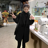 Aosijie輕奢女裝品牌 小個子毛呢外套女2021秋冬新款中長款韓版咖色呢子大衣斜口袋百搭呢外套 黑色 M