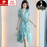 皮爾卡丹國際碎花真絲連衣裙夏季2024年新款女杭州奢華桑蠶絲裙子 藍(lán)色 XL