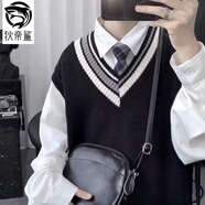 狄帝鯊慵懶風(fēng)V領(lǐng)毛衣男春秋款寬松學(xué)院風(fēng)針織背心日系復(fù)古百搭坎肩馬甲 黑色 XL