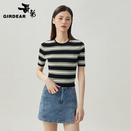 哥弟（GIRDEAR）女裝拼色條紋圓領(lǐng)短袖涼爽針織T恤衫女1399611 黑 M (3碼)