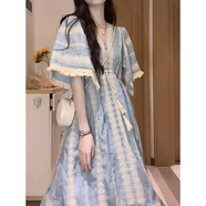 妍莉芬（yanlifen）茶歇法式民族風(fēng)v領(lǐng)連衣裙女2025夏季氣質(zhì)氛圍感海邊度假沙灘裙子 圖片色 S