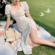 miss nitaly 雪紡短袖波點連衣裙女新款夏季收腰顯瘦性感中長款心機開叉A字裙 白色波點裙 M