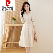 皮爾卡丹（pierre cardin）高級感長袖連衣裙女春秋2025新款氣質(zhì)收腰修身顯瘦法式絕美襯衫裙 米杏 XL 建議115-125斤