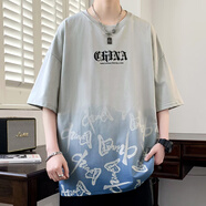 芊旻國(guó)潮短袖t恤男夏季新款圓領(lǐng)上衣服寬松時(shí)尚休閑五分袖青少年T恤 7715灰色 M (約80-95斤可穿)