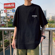 威覺(jué)短袖t恤男夏季純棉潮牌字母印花五分袖青少年學(xué)生圓領(lǐng)寬松上衣 CH款黑色 XXL碼