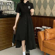 SSCURVE純欲風(fēng)包臀裙連衣裙春天襯衫領(lǐng)短袖200斤黑色過(guò)膝中 級感連衣裙【黑色】 XL 建議115-130斤