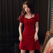 山頭林村白色連衣裙女感短款夏超仙氣小個(gè)子初戀小白裙日?？纱┩矶Y服 酒紅色 M