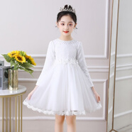 G.duck女童禮服春秋新款修身連衣裙小女孩時(shí)尚圓領(lǐng)花童婚紗甜美公主裙子 白色 140【51-60】斤