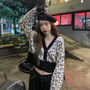 Radinka2025春秋新款復古港風(fēng)豹紋針織衫女短款寬松V領(lǐng)小心機開(kāi)衫毛衣BLL 6507杏色 均碼 建議70-120斤