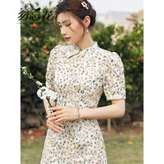 勿忘花繡花旗袍改良版連衣裙女2025夏季新款復(fù)古國風(fēng)棉布碎花裙子 花色 XXL