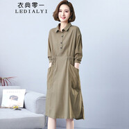 衣典零一（LEDIALYI）2024春秋季女裝新款高檔氣質(zhì)中年小個(gè)子棉麻連衣裙中長(cháng)款襯衫裙子 軍綠 XL