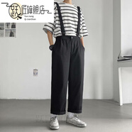 躍匠背帶褲男ins日系春秋休閑褲韓版潮流寬松情侶九分褲工裝吊帶褲潮 黑色 背帶可拆卸介意慎拍 2XL