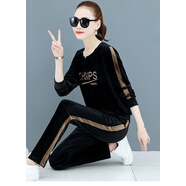 蘭威費雷金絲絨套裝女時(shí)尚新款韓版休閑運動(dòng)套裝女春秋款兩件套運動(dòng)服 黑色 XL (90-115斤)