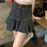 菲尼東爵2023年新品辣妹彈力牛仔百褶裙女韓版交叉綁帶短裙時(shí)尚百搭半身裙 歡喜-6669 S