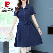皮爾卡丹2026新款媽m夏裝洋氣連衣裙中年女裝短袖中年氣質(zhì)寬松純色長(cháng)裙子 藏青色6675款 5XL 建議150-165斤