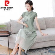 皮爾卡丹（pierre cardin）改良版旗袍短袖雪紡連衣裙中國風(fēng)女裝高端氣質(zhì)長(cháng)款裙子春夏季新款 綠色 M