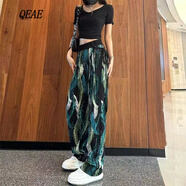 QEAE輕奢潮牌直筒拖地褲子女2023夏季新款寬松顯瘦飄帶設計感休閑褲子 2791#藍色羽毛 M 【80-100斤】
