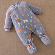 豆苗兒嬰兒連體衣秋冬裝 新生兒純棉加厚保暖包腳哈衣 寶寶滿(mǎn)月夾棉衣服 灰色動(dòng)物園（斜襟款） 59碼建議年齡0-2個(gè)月