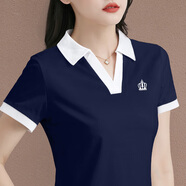 t恤女2025夏季新款修身顯瘦薄款女士體恤棉上衣韓版休閑翻領(lǐng)短袖 寶藍 XL【110-120斤】