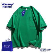 WASSUP HERMU夏季日系短袖t恤男簡約休閑百搭半袖圓領(lǐng)情侶體恤男上衣服 叢林綠 XL（建議160-170斤0