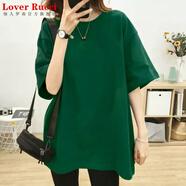 LOVER RUCCI韓國2025新款高級灰中長(cháng)款大版t恤短袖女寬松小熊圓領(lǐng)遮屁股上衣 墨綠色(純色) XL (130-150斤)
