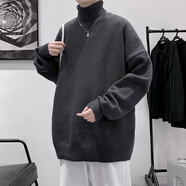 NEW OR MODE加絨高領(lǐng)毛衣男士秋冬季純色寬松美式潮流加厚針織衫休閑線衣外套 深灰色 XL