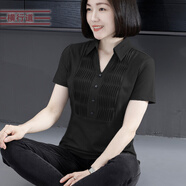 橫行道2024夏季新款簡(jiǎn)約小衫翻領(lǐng)純色百褶短袖T恤休閑女上衣 黑色 L