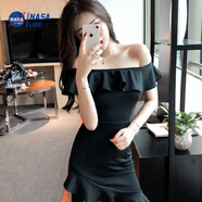 尚簡(jiǎn)紛女裝時(shí)尚修身法式一字肩荷葉邊小禮服露臀短裙性感連衣裙女2025款 黑色 9978 M 80-100斤