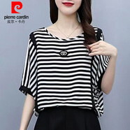 皮爾卡丹冰絲短袖t恤女夏季寬松顯瘦大碼女裝胖MM蝙蝠袖藏肉遮肚子上衣服 條紋上衣 XL120-140斤