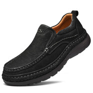 休閑皮鞋圓頭男真牛皮磨砂皮秋冬中年男鞋厚底頭層牛皮戶(hù)外單鞋手工上線(xiàn)2022軟底鞋男士皮鞋 821套腳黑色 39