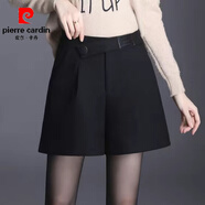 皮爾卡丹（pierre cardin）黑色毛呢短褲女秋冬新款2025外穿高腰顯瘦西裝休閑闊腿打底靴褲子 黑色-后松緊 2XL 建議125-135斤