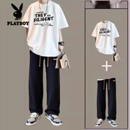 花花公子（PLAYBOY）純棉短袖T恤男士套裝夏季港風(fēng)休閑帥氣inst恤男裝一整套搭配長褲 純棉白色T+黑色休閑褲【兩件套 XL