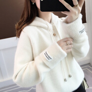 記述春秋仿水貂新款毛衣女寬松慵懶風(fēng)連帽套頭上衣潮 8008米白 M #(建議85-105斤)